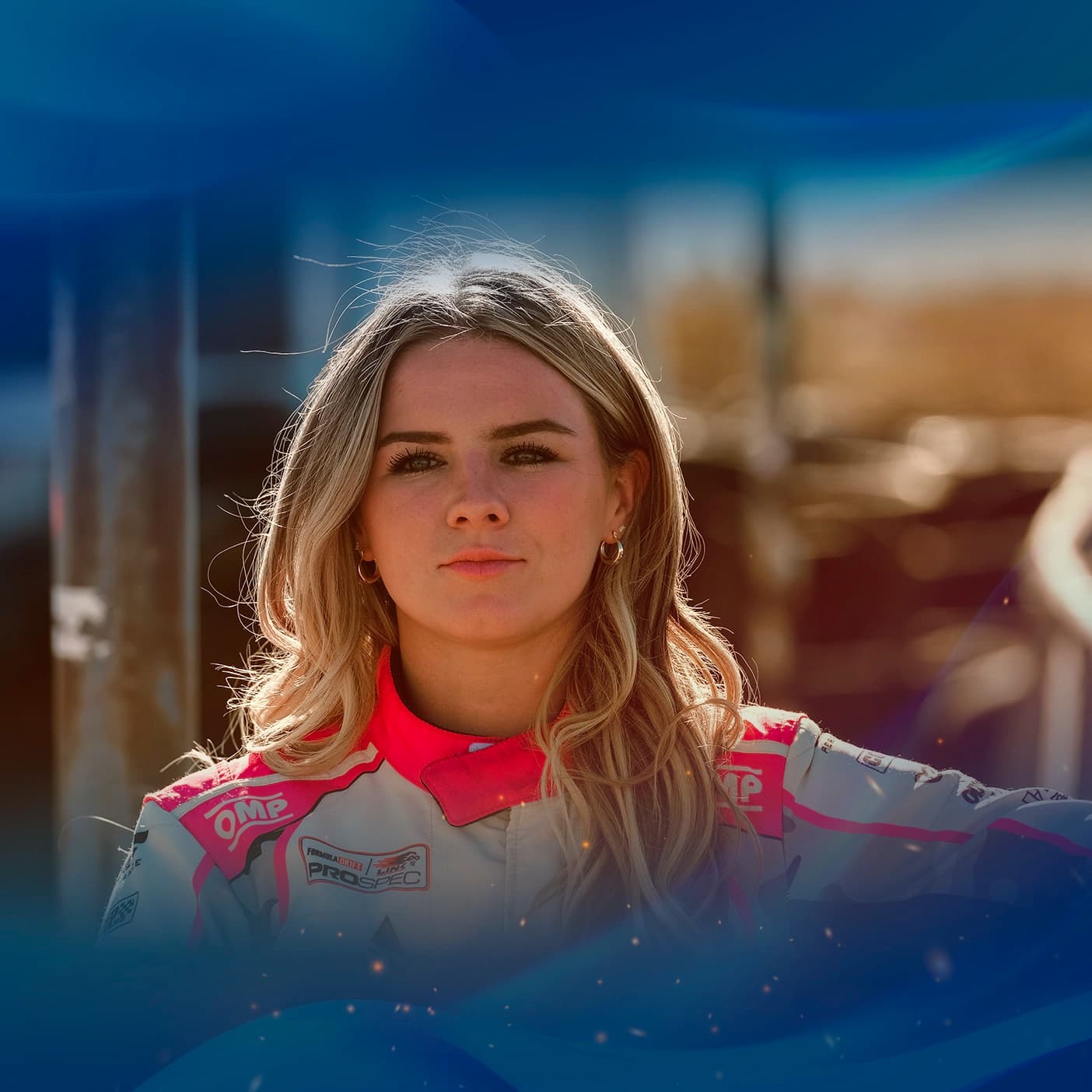 Amanda Sorensen, racecar driver closeup shot in her racing suit