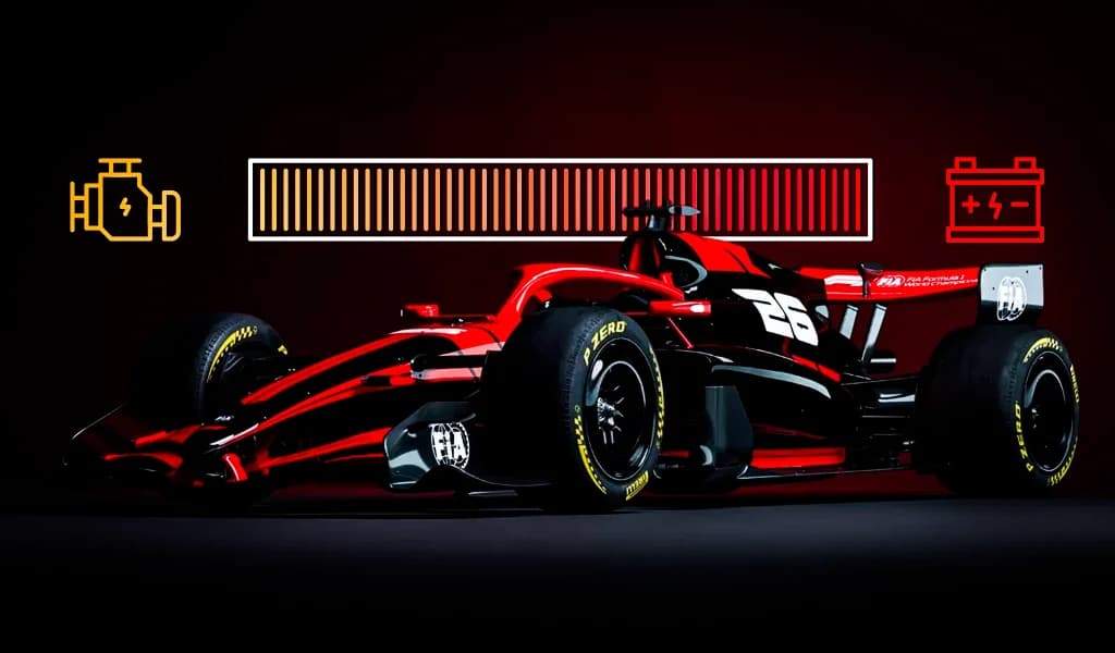 Formula 1 car graphic illustrating a 50/50 split between engine power and battery energy.