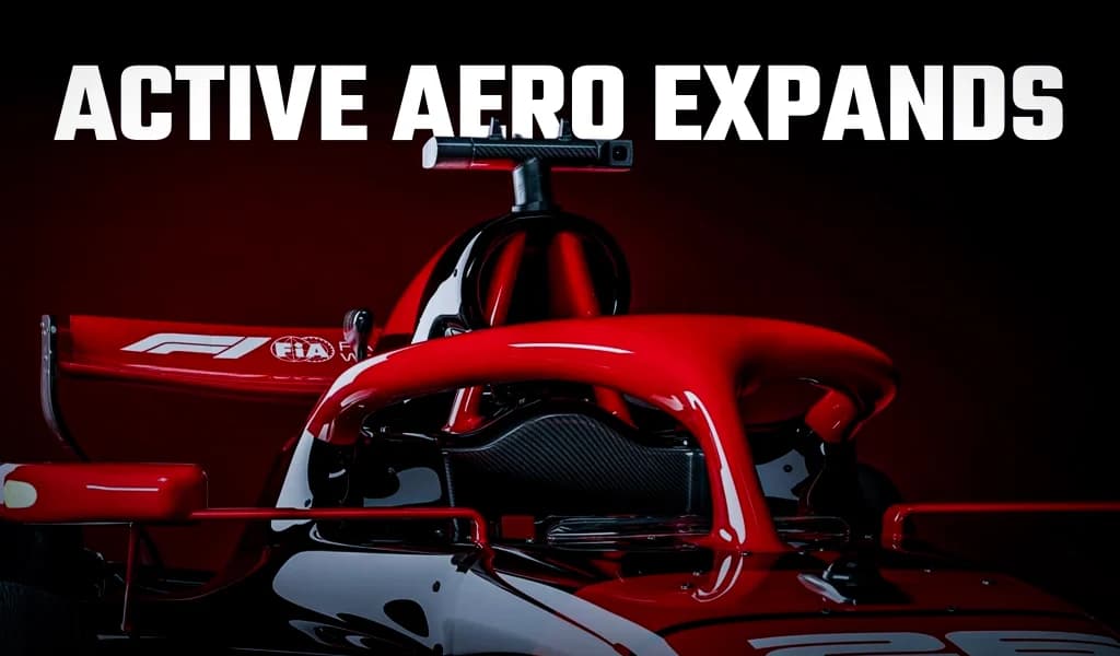 Front view of a red Formula 1 car with the headline “Active Aero Expands.”