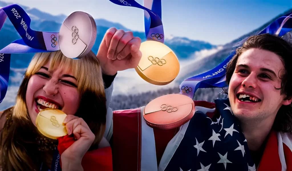 Alysa Liu and Jack Hughes celebrating with Olympic medals while wrapped in a U.S. flag.