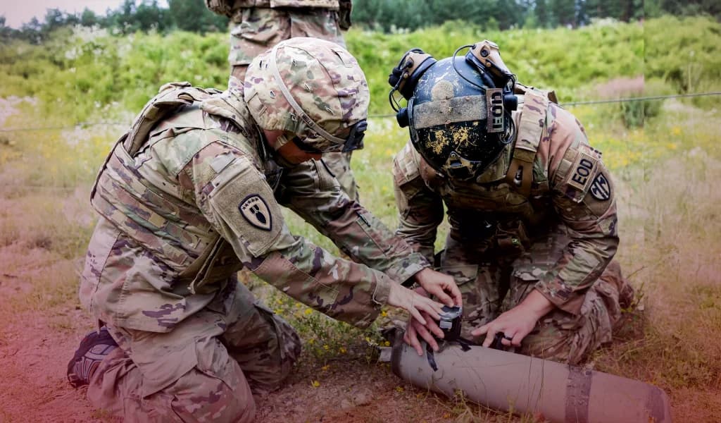 Two explosive ordnance disposal technicians in military uniforms working together to examine and secure a device in a grassy field.