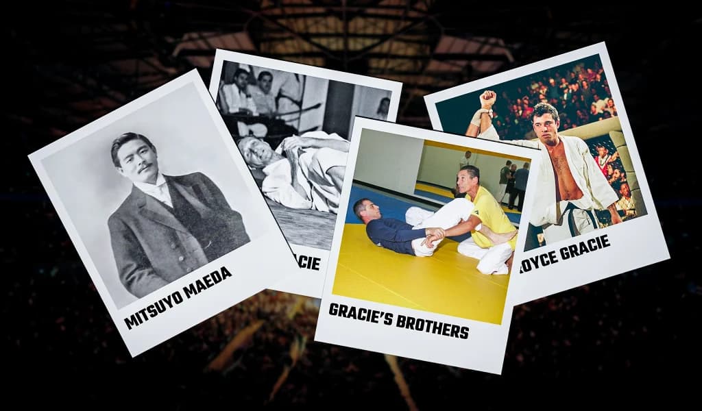 Polaroid collage featuring portraits of Mitsuyo Maeda, the Gracie brothers, and Royce Gracie celebrating a victory.