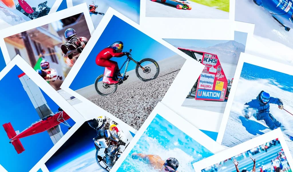 Collage of extreme speed record attempts: skydiving, skiing, biking, luge, and swimming.