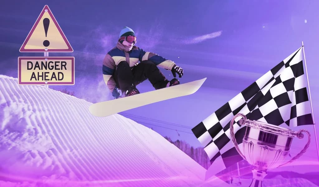 Snowboarder mid-air above a slope with a “Danger Ahead” sign, checkered flag, and trophy in the background.
