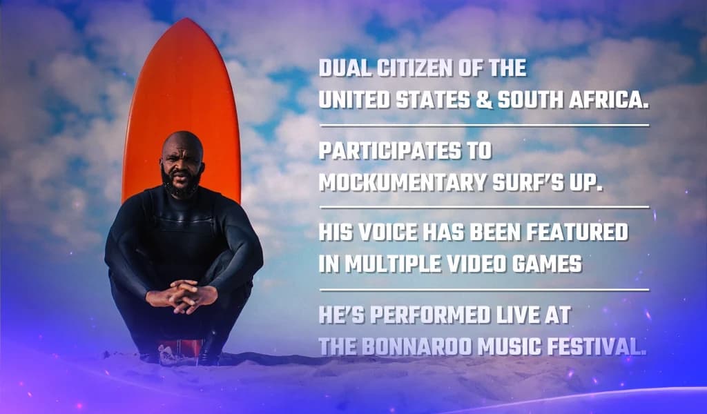 Selema Masekela sitting on the beach in front a surfboard with personal facts overlayed in text.