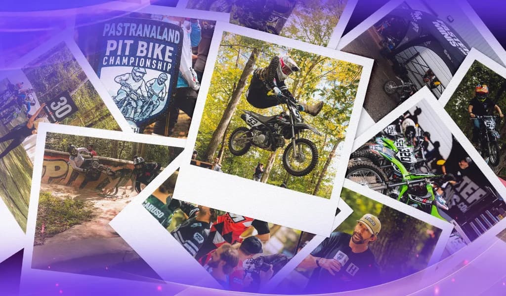 Riders on pit bikes racing through a wooded course at Travis Pastrana's Pastranaland Pit Bike Championship, with multiple event photos layered in a collage.