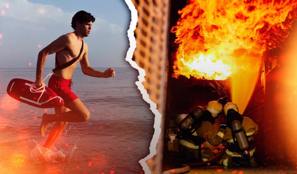 A split image of a lifeguard running into the ocean with a rescue buoy beside firefighters battling an indoor blaze.