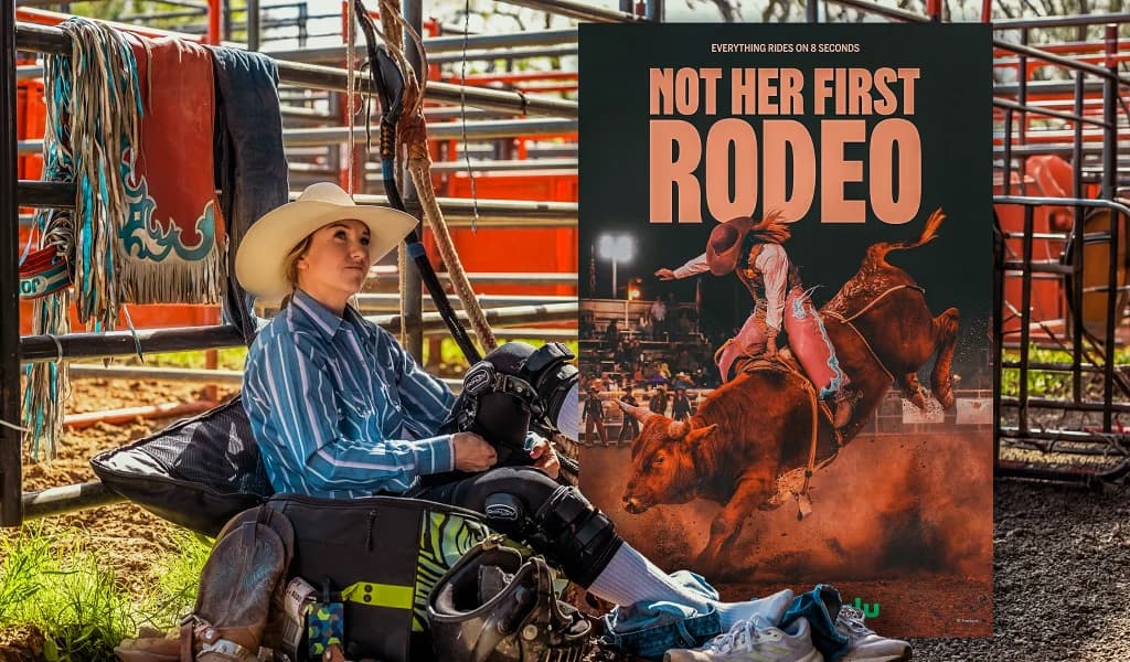 Jorden Halvorsen sitting in protective gear at a rodeo alongside the Not Her First Rodeo Freeform documentary poster.