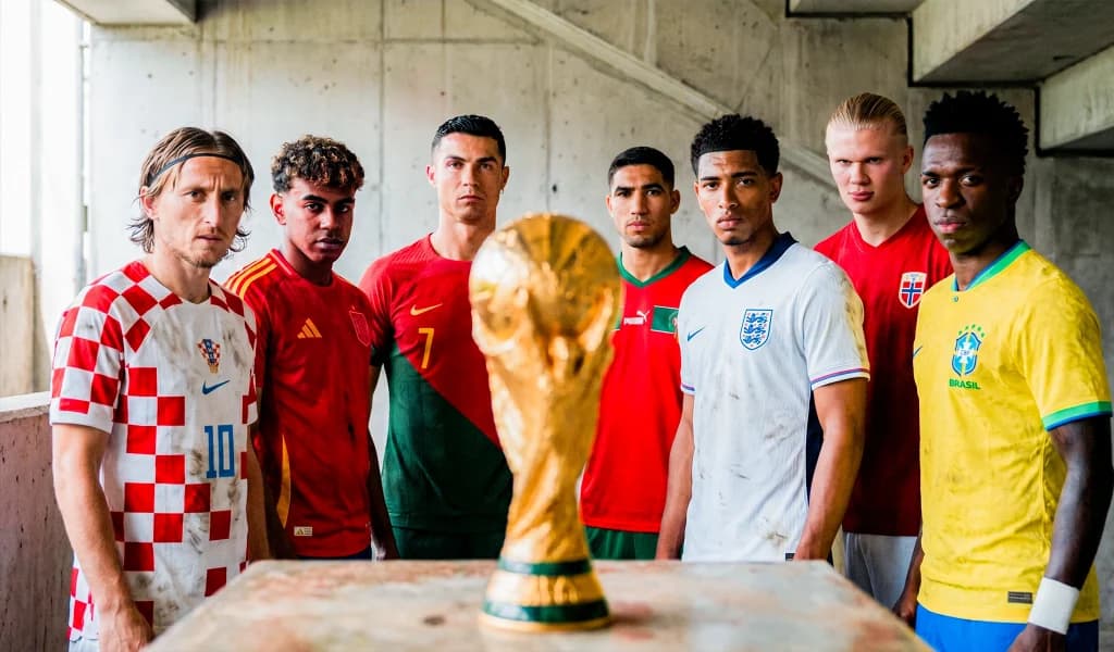 Seven national-team stars in their kits standing around the World Cup trophy, including Ronaldo and Bellingham.