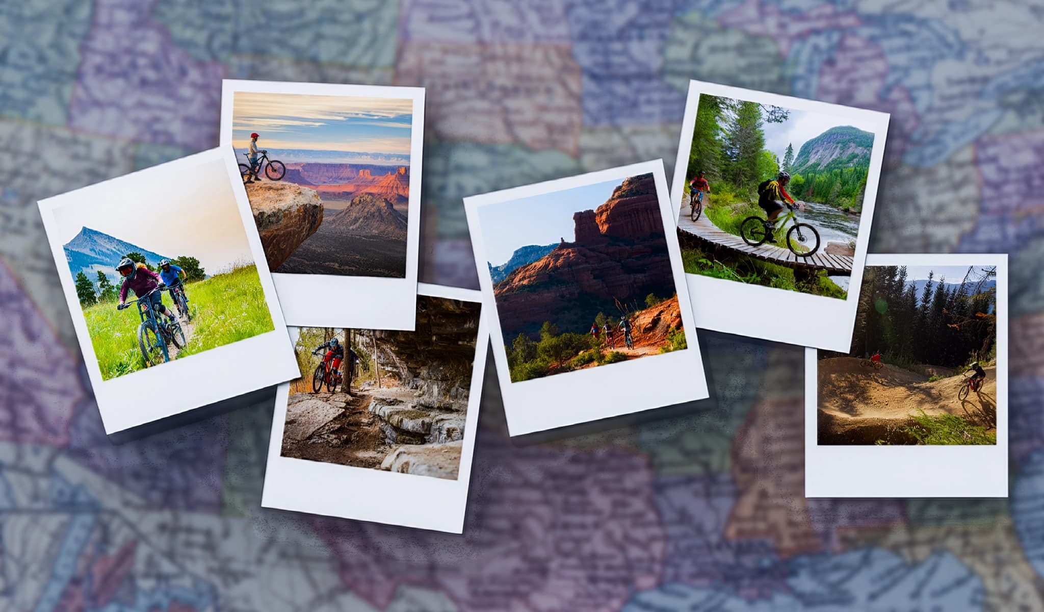 A collage of Polaroid-style photos showing mountain bikers on trails across desert, forest, and alpine terrain.