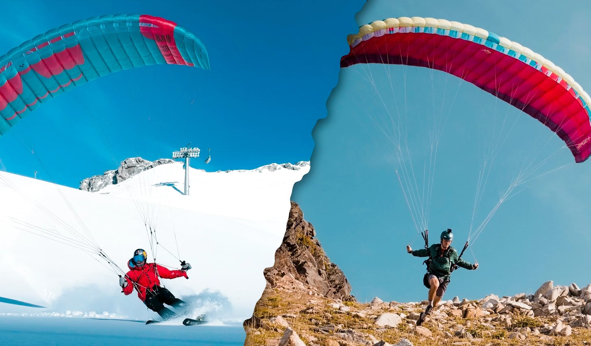 Split image of a skier carving with a red speed wing overhead, and a runner launching a speed wing on rocky terrain.