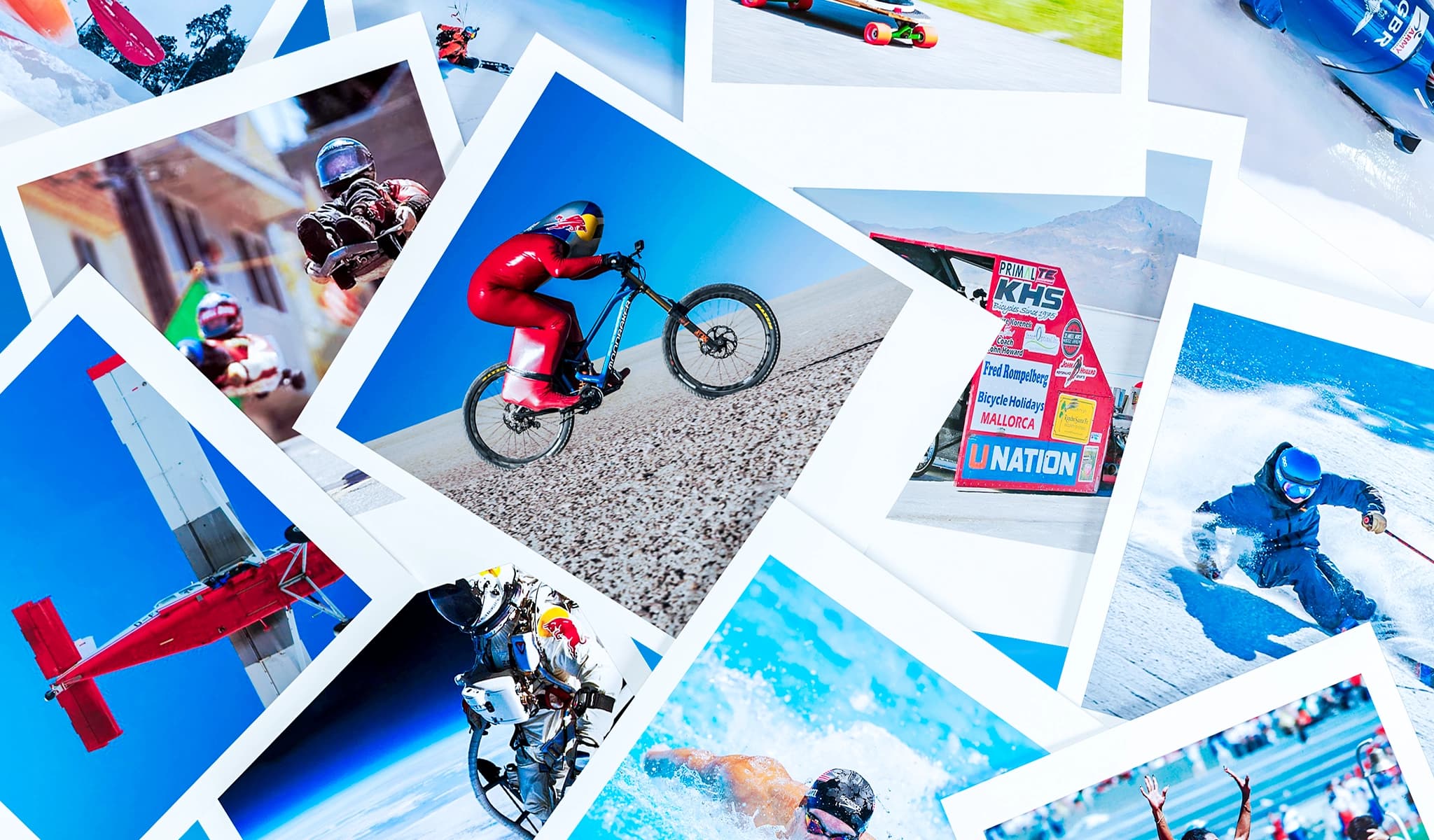 Collage of extreme speed record attempts: skydiving, skiing, biking, luge, and swimming.
