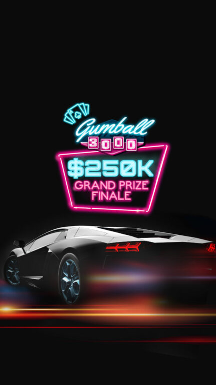 Gumball car driving under the sign of the Grand Prize Finale.