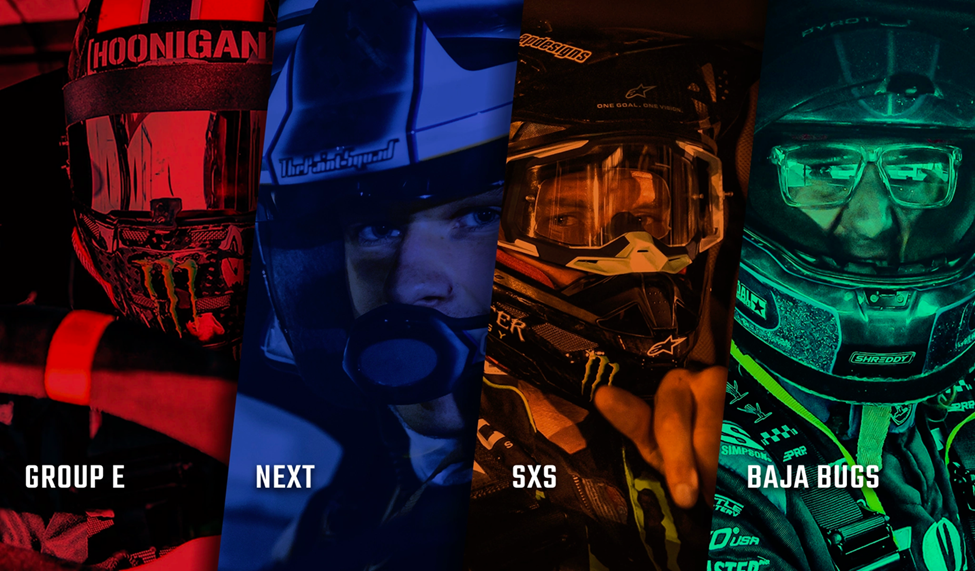 Four close-up images ofrNitrocross race car drivers in their helmets, labeled Group E, Next, SXS, and Baja Bugs