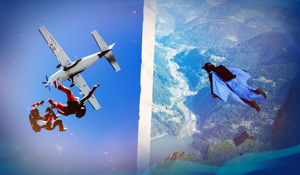 Skydivers freefalling from a plane and a wingsuit flyer gliding over a scenic mountain landscape, highlighting aerial sports.