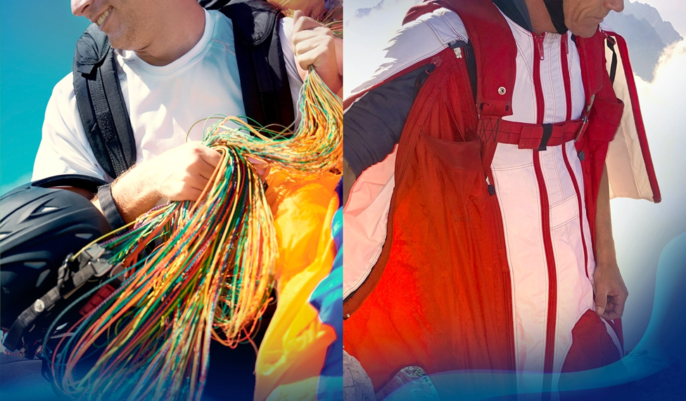 Close-up of a skydiver preparing their parachute and a wingsuit flyer adjusting their gear, showcasing the equipment used in each sport.