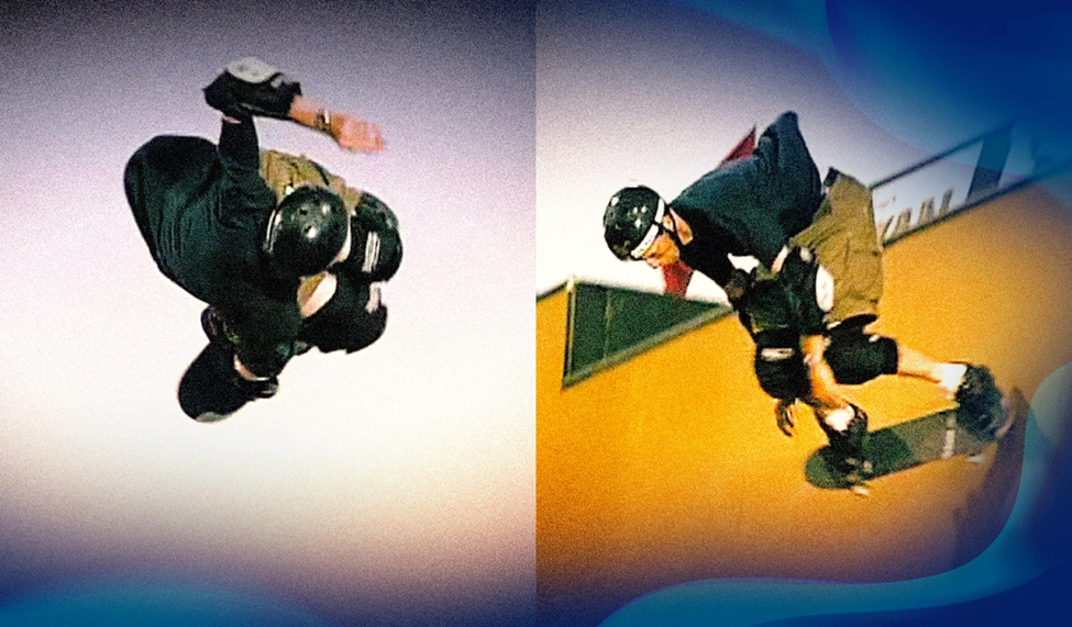 Split image of Tony Hawk performing a 900-degree spin, captured from two angles, in full protective gear on a vert ramp.