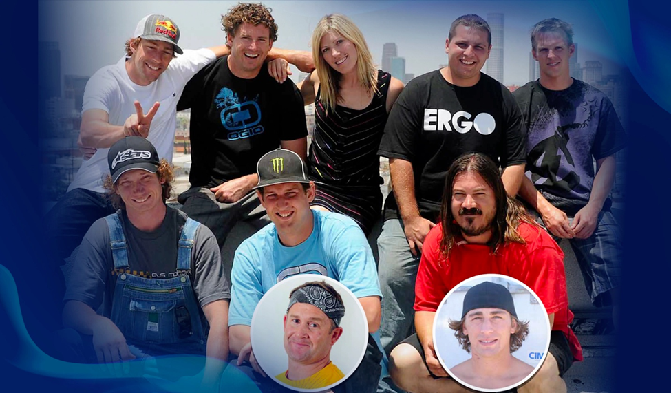 Group photo of Nitro Circus team members smiling outdoors, featuring two inset portraits of highlighted riders in circular frames.