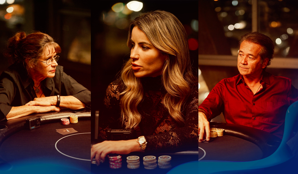 Three poker players sit at a table: an older woman in glasses, a woman with wavy blonde hair, and a man in a red shirt. All are focused on the game.