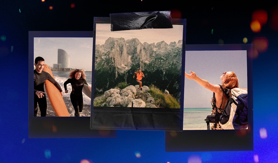 A collage featuring surfers running on a beach, a woman hiking in the mountains, and a woman with a backpack standing on a beach.